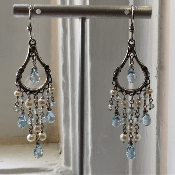 Aquamarine & Pearl Chandelier Earrings - Picture 2 of 8